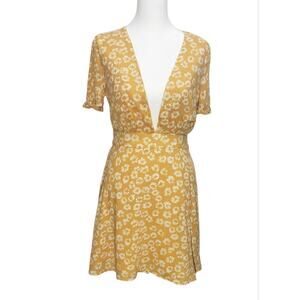Lulus Golden Yellow Floral Fit & Flare Dress XL (Fits M) Ruffle Sleeve Tie Back
